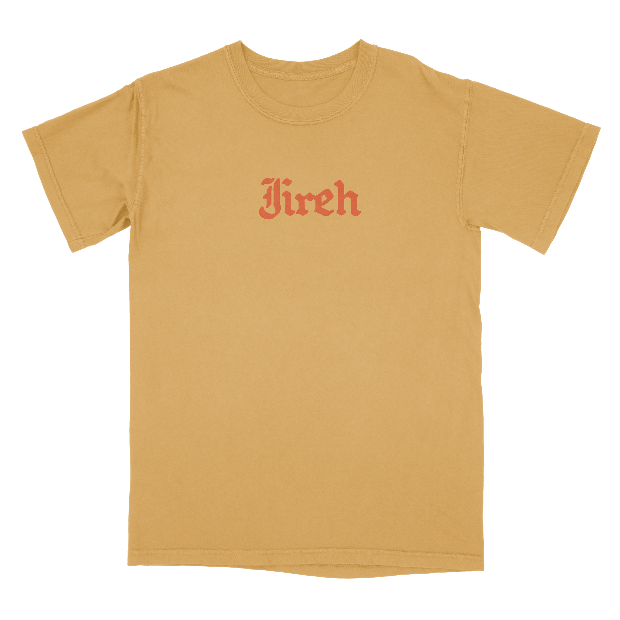 Flatlay - Mustard shirt with the word Jireh on the front.